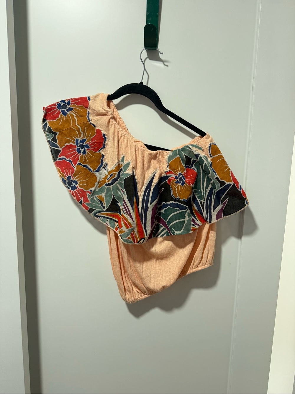 Free People Peach One-Shoulder Ruffle Crop Top with Floral Print